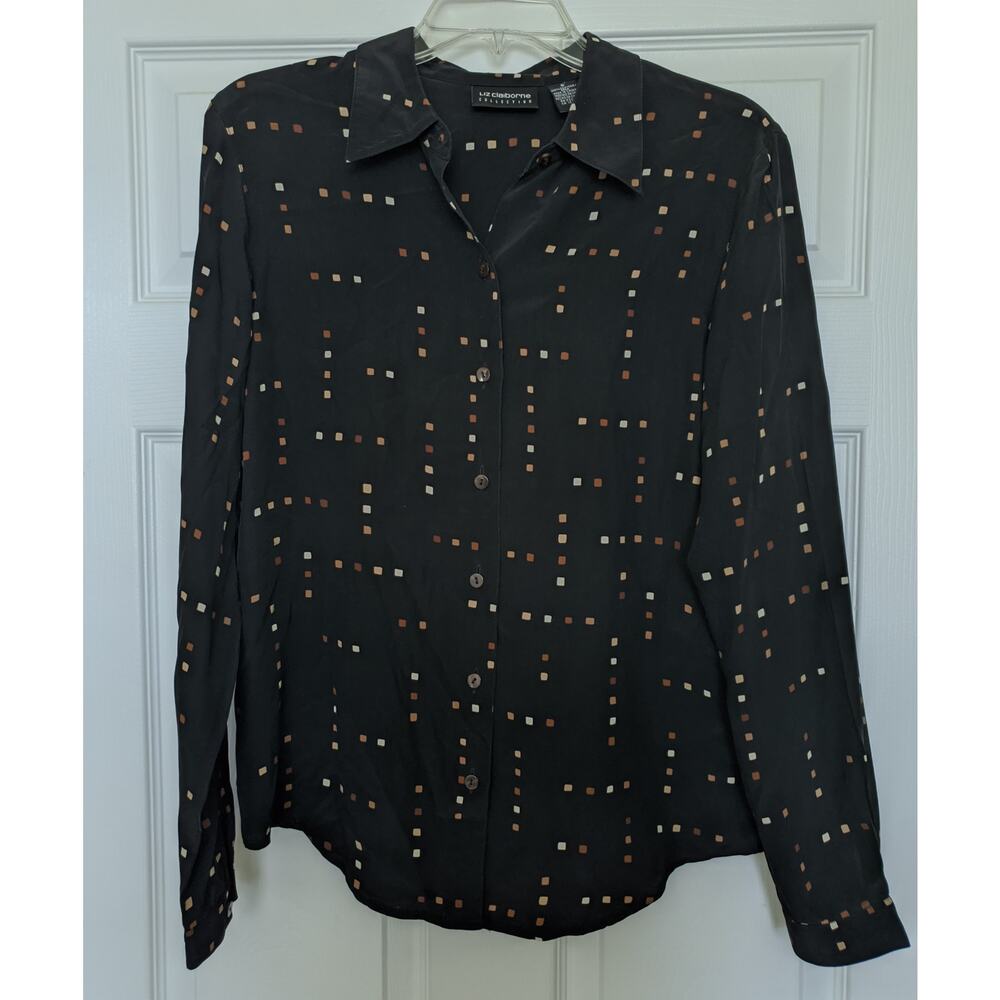 Liz Claiborne Collection Silk Blouse Womens 8 Black Button Down Geometric Square